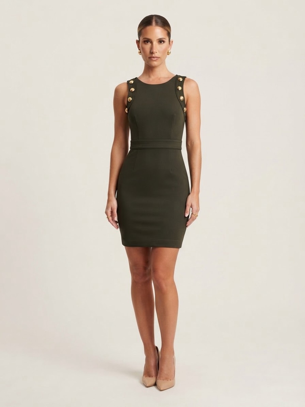 White House Black Market Olive Sleeveless Sheath Dress with Gold Buttons